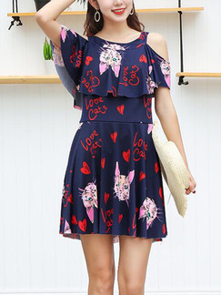 Blue and Red Pink Loose Printed Siamese Above Knee Fit & Flare Polyester  Swimwear Short