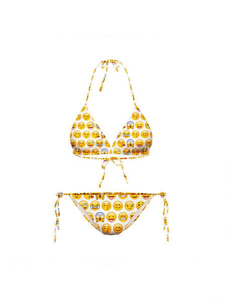 Yellow and White Slim Printed Bikini Hang Neck Sling Band Polyester and Elasticity Swimwear