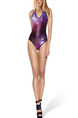 Purple Slim Printed Siamese Bikini Hang Neck Sling Band Open Back One-Piece Polyester and Elasticity Swimwear 