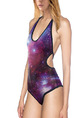 Purple Slim Printed Siamese Bikini Hang Neck Sling Band Open Back One-Piece Polyester and Elasticity Swimwear