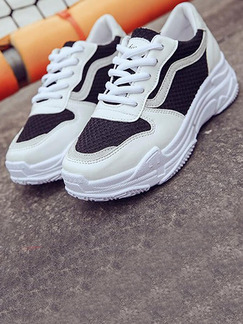 White and Black Leather Round Toe Platform 5cm Lace Up Rubber Shoes for Casual Sporty