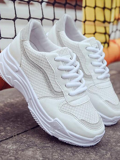 White Leather Round Toe Platform 5cm Lace Up Rubber Shoes for Casual Sporty