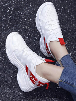 White and Red Polyester Round Toe Platform 5cm Lace Up Rubber Shoes for Casual Sporty