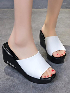 Black and White Leather Open Toe Platform 7cm Wedge for Casual
