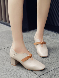 Beige Leather Round Toe Platform 6cm Chunky Heels for Casual Party