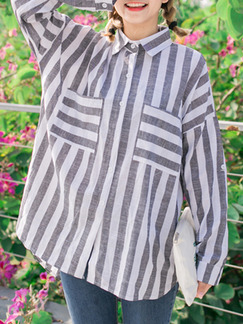 Grey and White Loose Shirt Stripe Long Sleeve Top for Casual