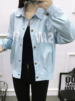 Blue Loose Lapel Pleated Buckled Located Printing Long Sleeve Top for Casual