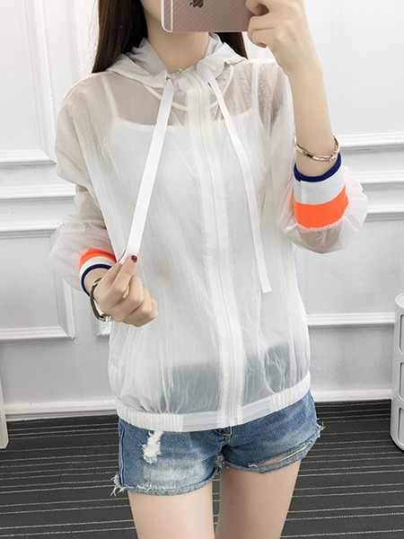 White Hooded Linking Contrast Ribbed Adjustable Waist See-Through Bat Zipped Long Sleeve Top for Casual