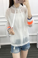 White Hooded Linking Contrast Ribbed Adjustable Waist See-Through Bat Zipped Long Sleeve Top for Casual
