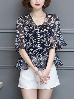 Blue Colorful Chiffon Printed V Neck Ruffled Floral Plus Size Top for Casual Party
