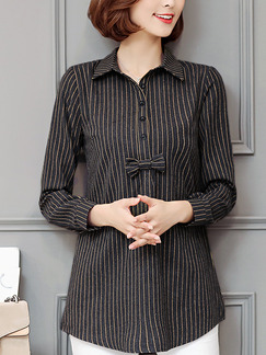 Black Loose Shirt Stripe Butterfly Knot Long Sleeve  Plus Size Top for Casual Office
