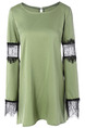 Green Loose Plus Size Contrast Linking Lace Asymmetrical Hem Long Sleeve Top for Casual Party Evening
