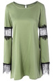 Green Loose Plus Size Contrast Linking Lace Asymmetrical Hem Long Sleeve Top for Casual Party Evening