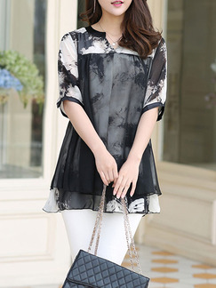 Black and White Plus Size Loose V Neck Printed Linking Top for Casual Party