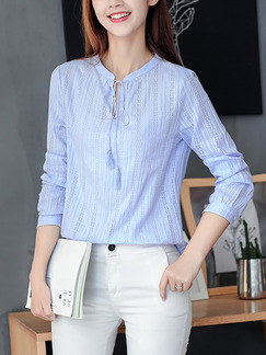 Blue Plus Size Slim Stand Collar Figured Band Top for Casual Office Evening