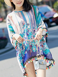 Colorful Chiffon Loose Printed Contrast Linking Lace Tassels Asymmetrical Hem Top for Casual