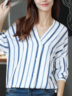 White and Blue Plus Size Loose Shirt Stripe V Neck Top for Casual