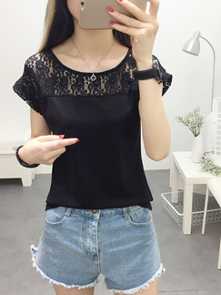 Black Slim Plus Size T Shirt Lace Linking Top for Casual