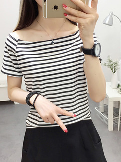 Black and White Knitted Stripe Plus Size Slim Boat Neck Top for Casual