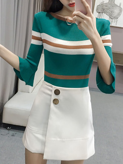 Green White and Brown Knitted Slim Boat Neck Contrast Flare Sleeve Top for Casual Office