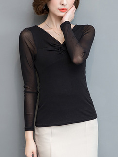 Black Mesh See-Through Plus Size V Neck Pleated Long Sleeve Top for Casual Office Evening
