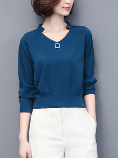 Blue Loose Plus Size V Neck Pleated Adjustable Waist Long Sleeve Top for Casual Office Evening