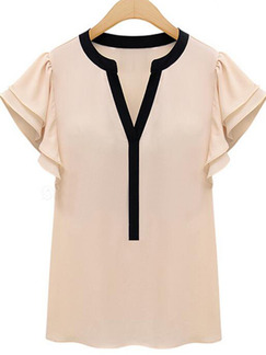 Pink Chiffon Slim V Neck Contrast Linking Ruffled Top for Casual Party