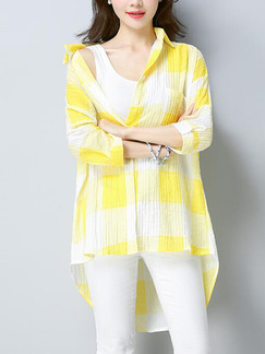 Yellow and White Literary Loose Shirt Grid Asymmetrical Hem Top for Casual Party