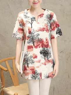 Beige Red and Black Loose Plus Size Stand Collar Printed Top for Casual