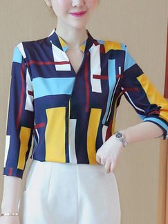 Colorful Chiffon Slim Plus Size V Neck Geometric Pattern Top for Casual Office