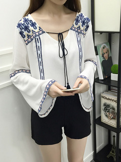 White and Blue Literary Shirt Loose Tie Embroidery Flare Long Sleeve Top for Casual