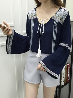 Blue Literary Shirt Loose Tie Embroidery Flare Long Sleeve Top for Casual