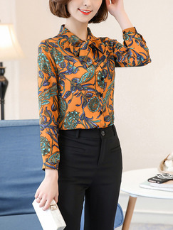 Orange Colorful Chiffon Plus Size Slim Shirt Printed Butterfly Knot Long Sleeve Top for Casual Office Evening
