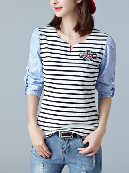 White and Blue Knitted Plus Size Stripe Contrast Linking Embroidery Top for Casual Party