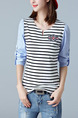 White and Blue Knitted Plus Size Stripe Contrast Linking Embroidery Top for Casual Party
