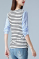 White and Blue Knitted Plus Size Stripe Contrast Linking Embroidery Top for Casual Party