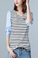 White and Blue Knitted Plus Size Stripe Contrast Linking Embroidery Top for Casual Party
