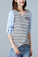 White and Blue Knitted Plus Size Stripe Contrast Linking Embroidery Top for Casual Party