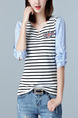 White and Blue Knitted Plus Size Stripe Contrast Linking Embroidery Top for Casual Party