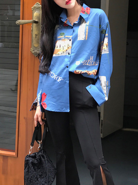Blue Loose Shirt Printed Long Sleeve Top for Casual