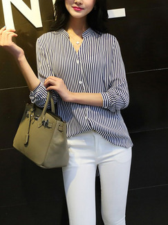 White and Black Loose Stripe Shirt Pleated V Neck Long Sleeve Top for Casual Office Evening