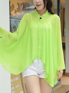 Yellow Green Chiffon Bat Shawl Stand Collar Long Sleeve Top for Casual