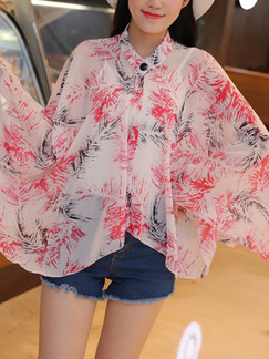 Colorful Chiffon Bat Shawl Stand Collar Printed Long Sleeve Top for Casual