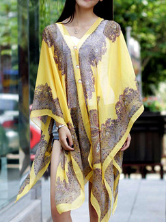 Yellow Chiffon Shawl Located Printing Multi-Wear Top for Casual