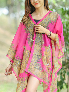 Pink Chiffon Shawl Located Printing Multi-wear Top for Casual