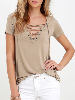 Brown Knitted Slim T Shirt Drawstring Top for Casual Party