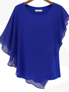 Blue Chiffon Slim Linking Knitted Irregular Ruffled Plus Size Top for Casual Party