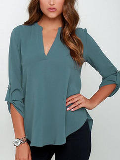 Blue Chiffon Loose V Neck Asymmetrical Hem Plus Size Top for Casual Office Evening