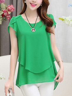 Green Chiffon Loose Two-Layered Pleated Linking Plus Size Top for Casual Office Party