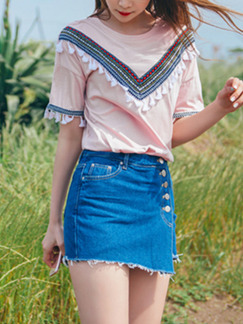 Pink Loose Literary Embroidery Tassels Top for Casual Party